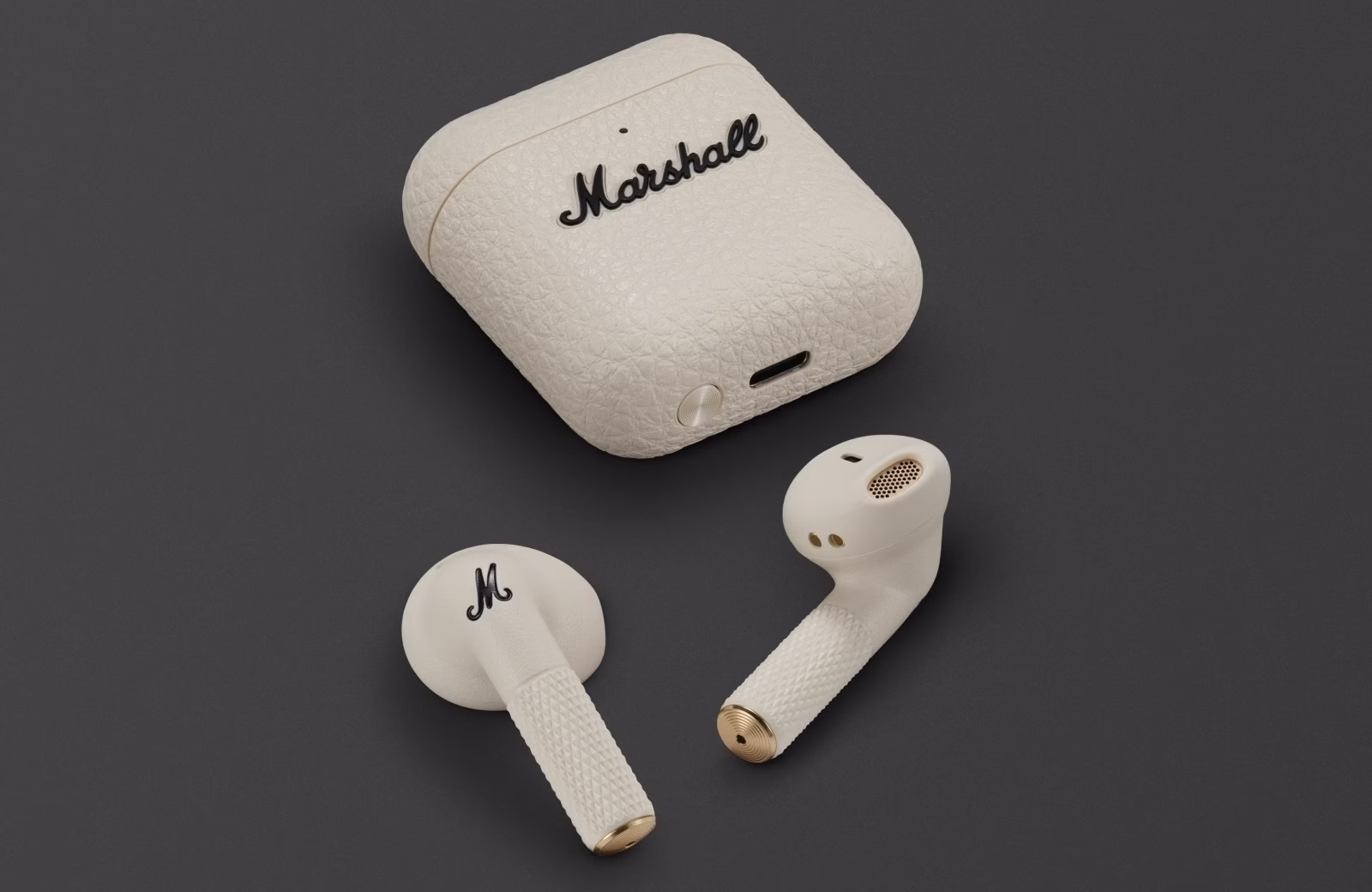 Навушники та зарядний кейс Marshall Minor IV Cream крупним планом